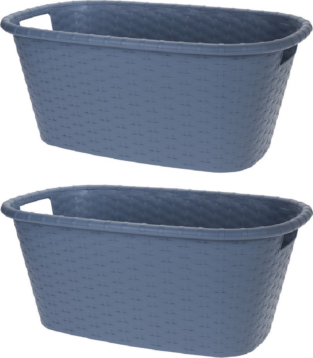 Goedkoopste 2x Grijsblauwe wasmanden 35 liter 60 x 40 x 25 cm - Kunststof/plastic draagmand - De was doen huishoudartikelen - Wasmanden/wasgoedmanden
