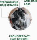 Schema met de voordelen van de shampoo: 'Strengthens hair strands', 'Anti-hair loss', 'Promotes fast hair growth'.