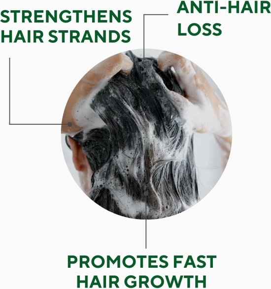 Schema met de voordelen van de shampoo: 'Strengthens hair strands', 'Anti-hair loss', 'Promotes fast hair growth'.