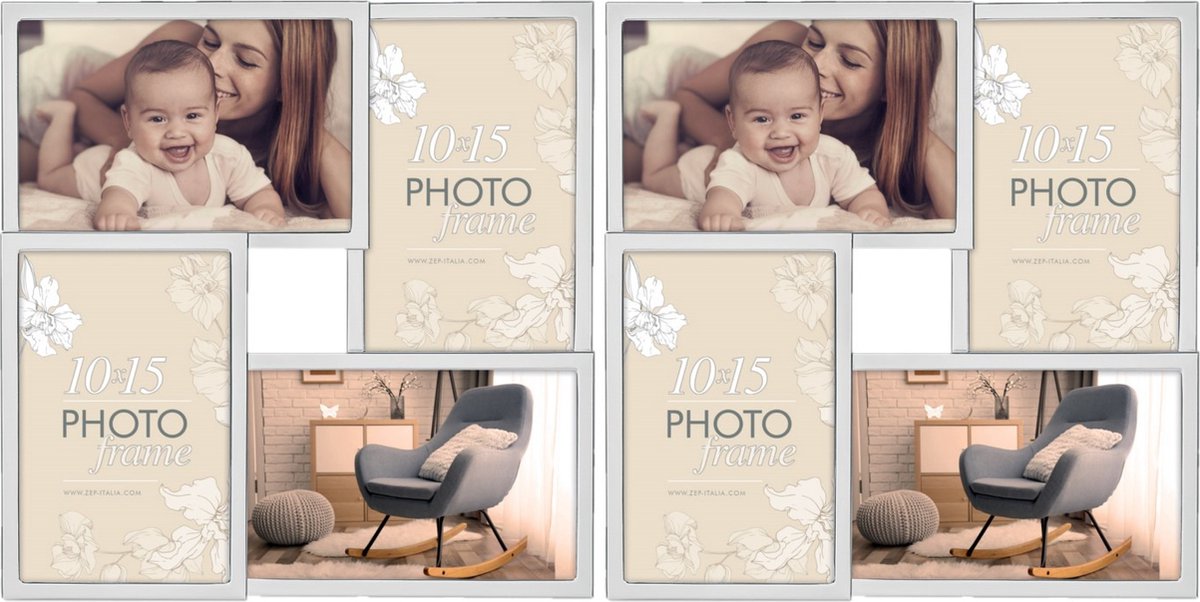 Zep Fotolijst - 2x stuks - metaal - zilverkleurig - 4 lijstjes - 10 x 15 cm - woondecoratie - accessoires
