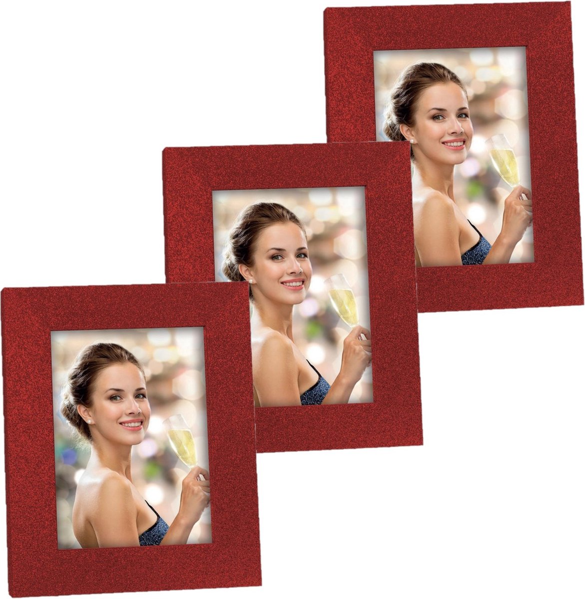 Zep 3x stuks houten fotolijstje rood met glitters 21 x 25 cm geschikt voor een foto van 15 x 20 cm