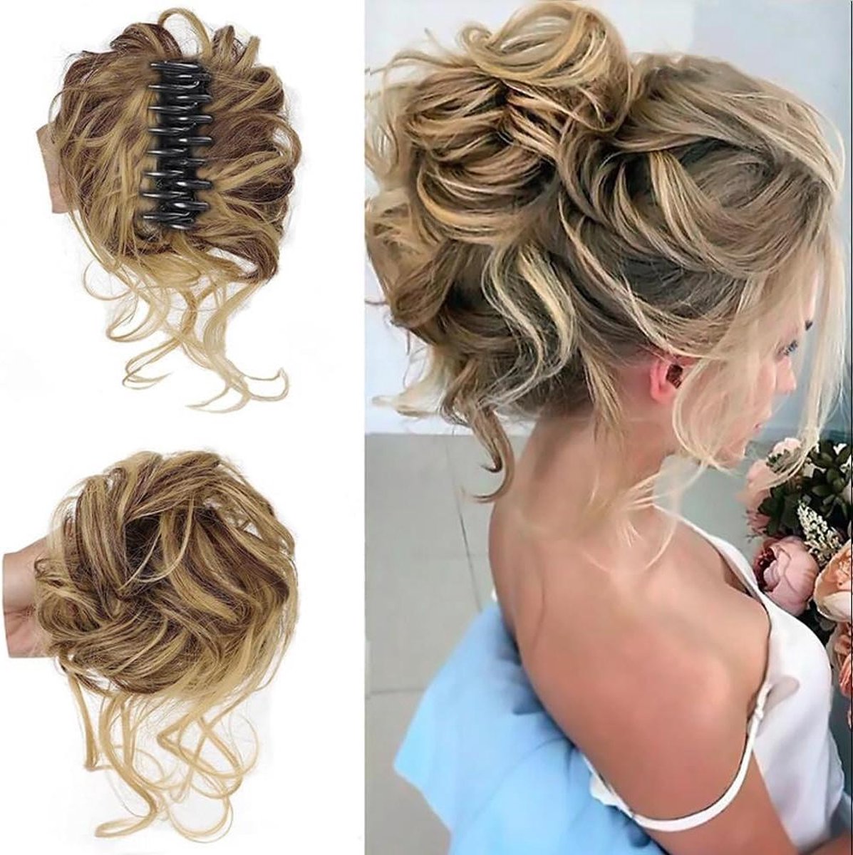 Knot met clip krullend haar goudbruin synthetisch haar scrunchies