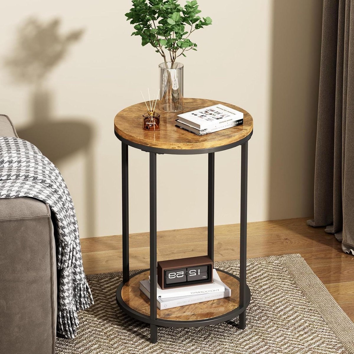 Ronde houten bijzettafel met metalen frame - planken met 2 verdiepingen voor woonkamer en slaapkamer