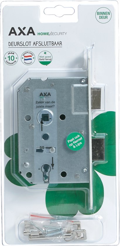 AXA deurslot in verpakking, met 10 jaar garantie. Zilverkleurig met witte voorplaat.