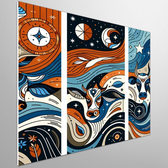 Abstract koeien schilderij | Bonte velden: een verbeelding van koeien in abstracte kunst | Kunst - 40x40 centimeter op Canvas | Foto op Canvas