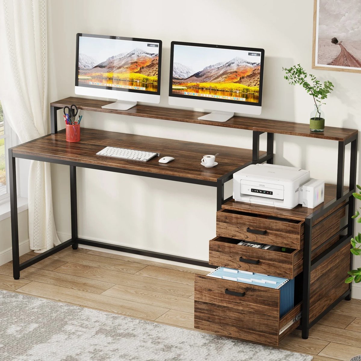 SureDeal® - Computerbureau - 3 Laden - 59 Inch - Hout -Zwart Metaal