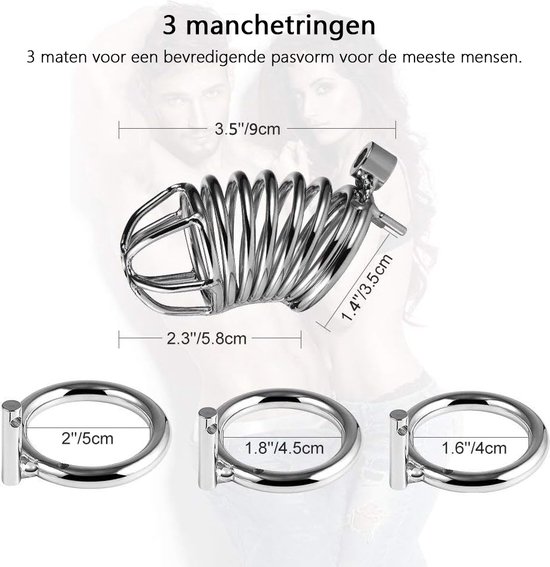Illustratie met afmetingen van de kuisheidskooi (5.8cm x 3.5cm) en drie ringen (5cm, 4.5cm, 4cm).