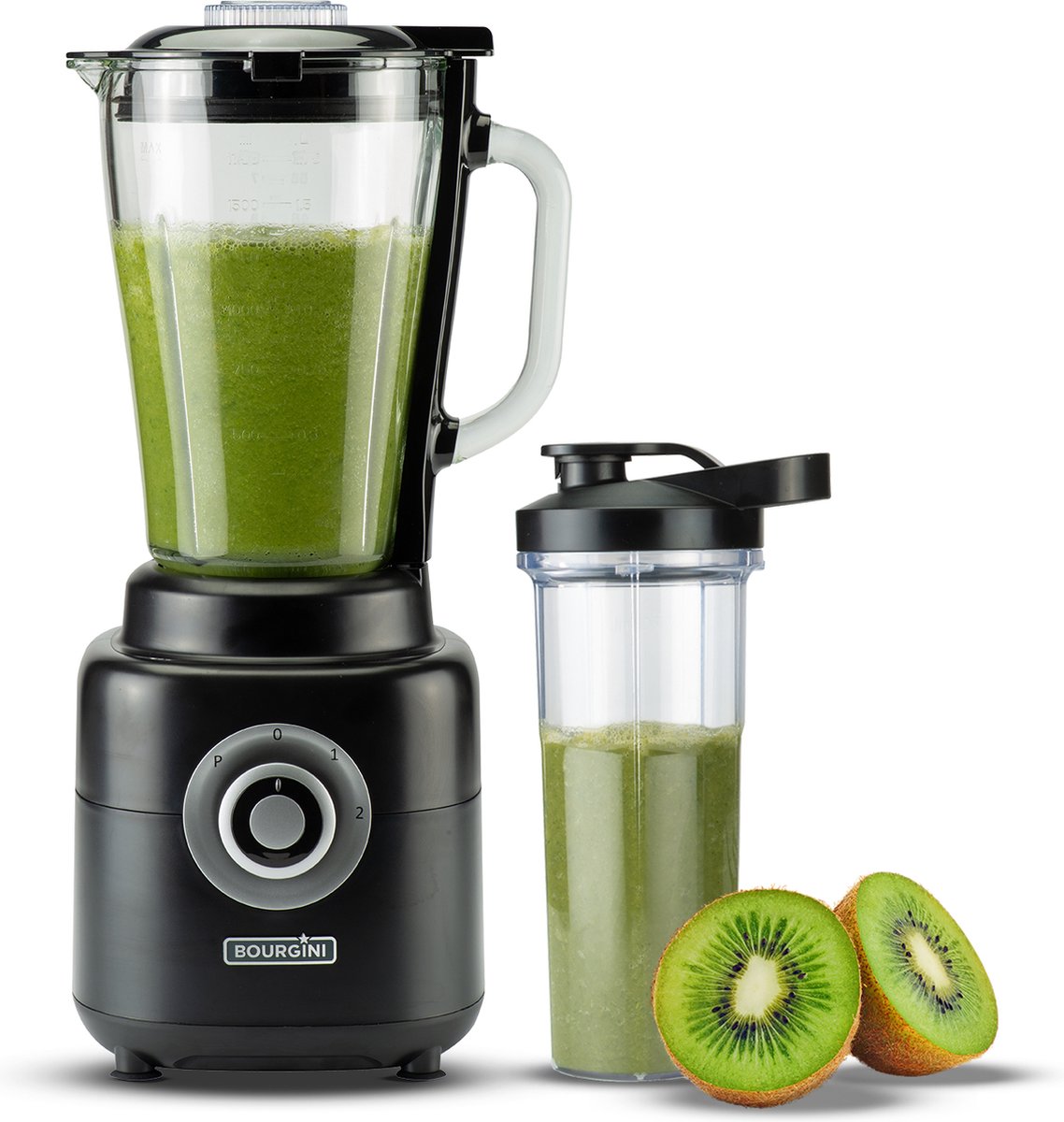 Bourgini PowerBlender - 1.75L - Blender to go met 700ml beker - Blender smoothie en ijscrusher - 1000 Watt - Zwart