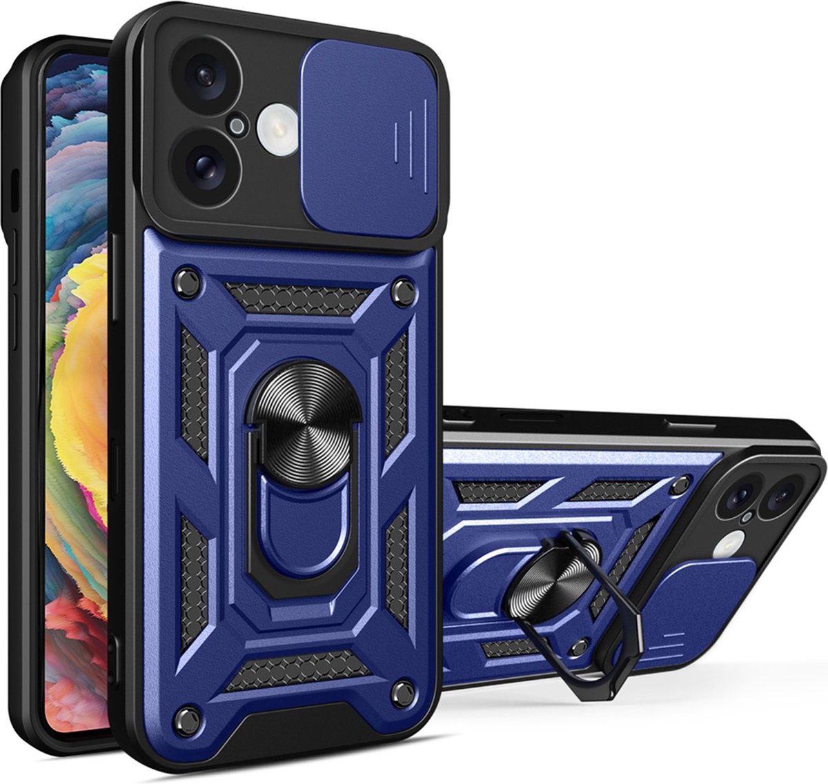 MobyDefend Hoesje - Geschikt voor iPhone 16 - Pantsercase Met Draaibare Ring - Blauw