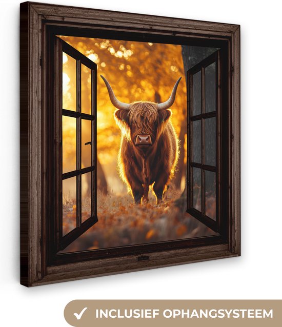 Canvas schilderij: Schotse hooglander kijkt door een open raam in een herfstbos, 'inclusief ophangsysteem'.