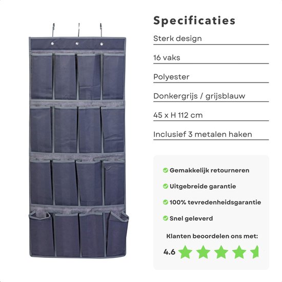 Hangende Deur Schoenenkast - Deur Organizer voor Kleding en Smalle Voorwerpen - Schoenenzak - Deurhanger - Opbergzak - 16 vakken - 45x112cm