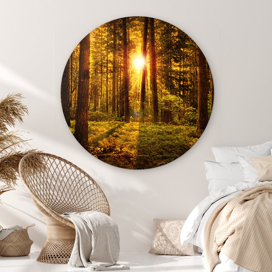 WallCircle - Cercle mural - Cercle mural - Soleil - Forêt - Vert - Nature - Tableau rond - Cercle mural intérieur - 140x140 cm - Décoration murale - Plastique - Décoration murale ronde