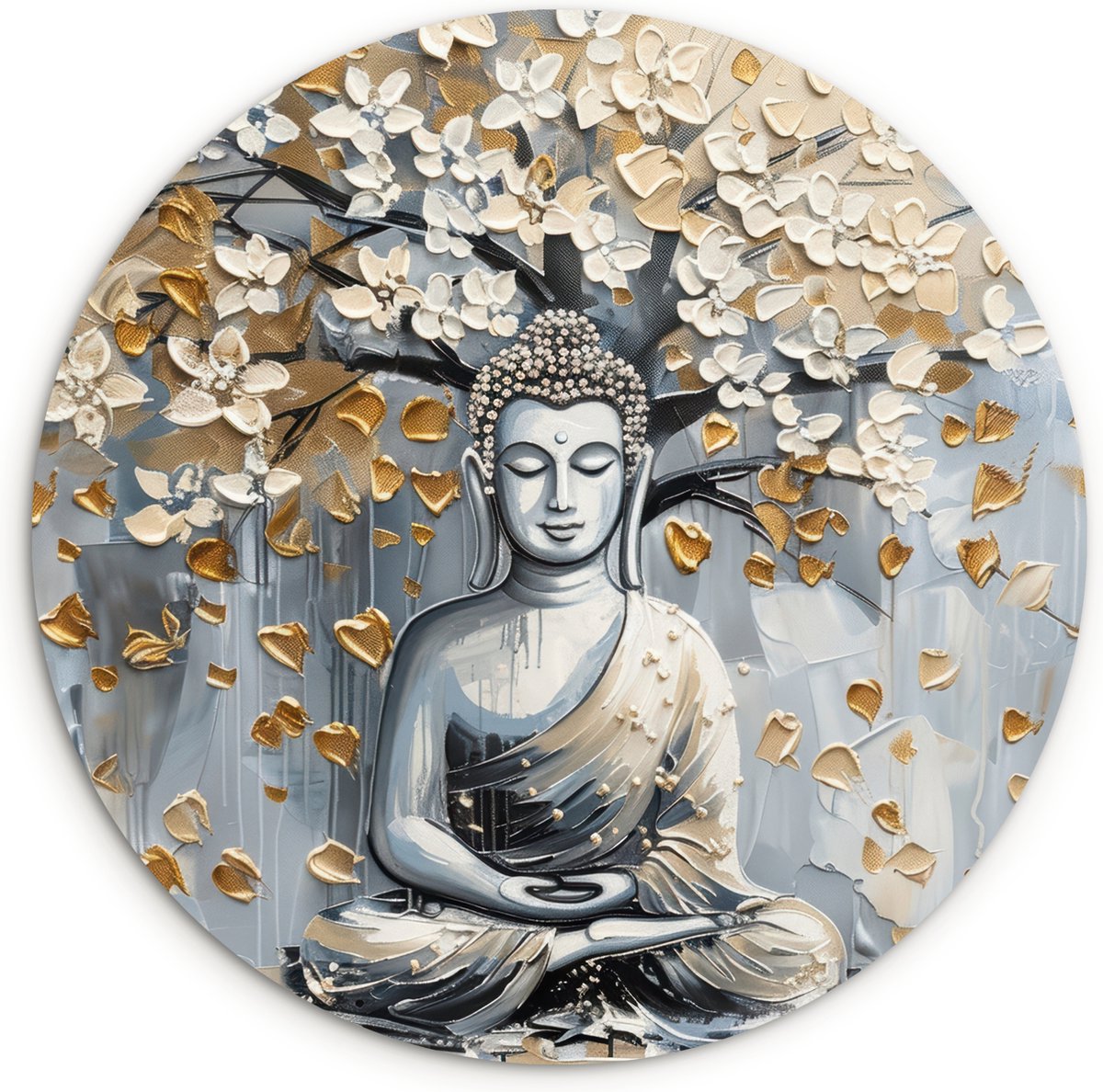 WallCircle Wandcirkel 60x60 cm - Muurcirkel Boeddha - Bloemen - Boom - Modern - Symbool - Geloof - Muurdecoratie woonkamer - Wanddecoratie slaapkamer - Kamer decoratie accessoires - Ronde schilderijen - Woonaccessoires cirkel binnen Boeddha - Boom