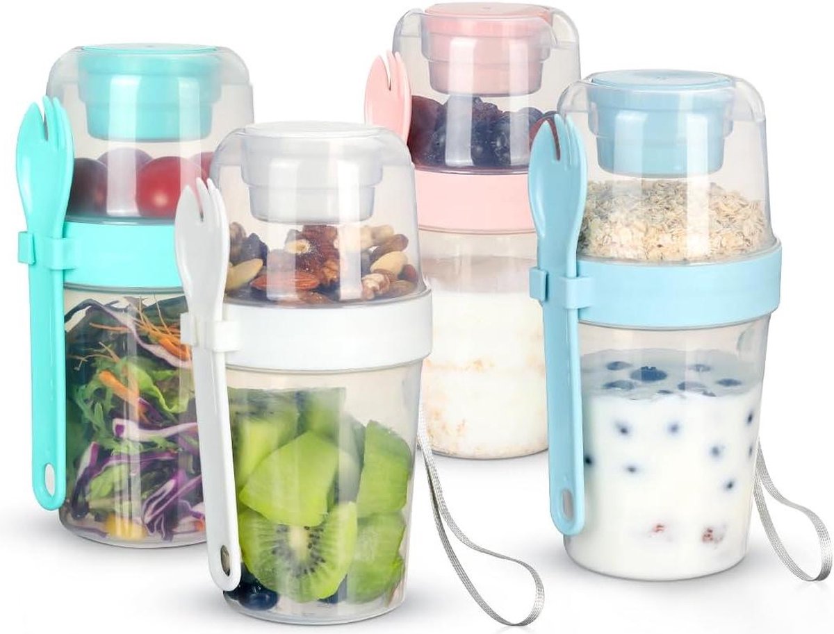 Muesli beker 2-in-1 to go met lepel yoghurtbeker voor onderweg (2 lagen 310 ml 560 ml) met deksel