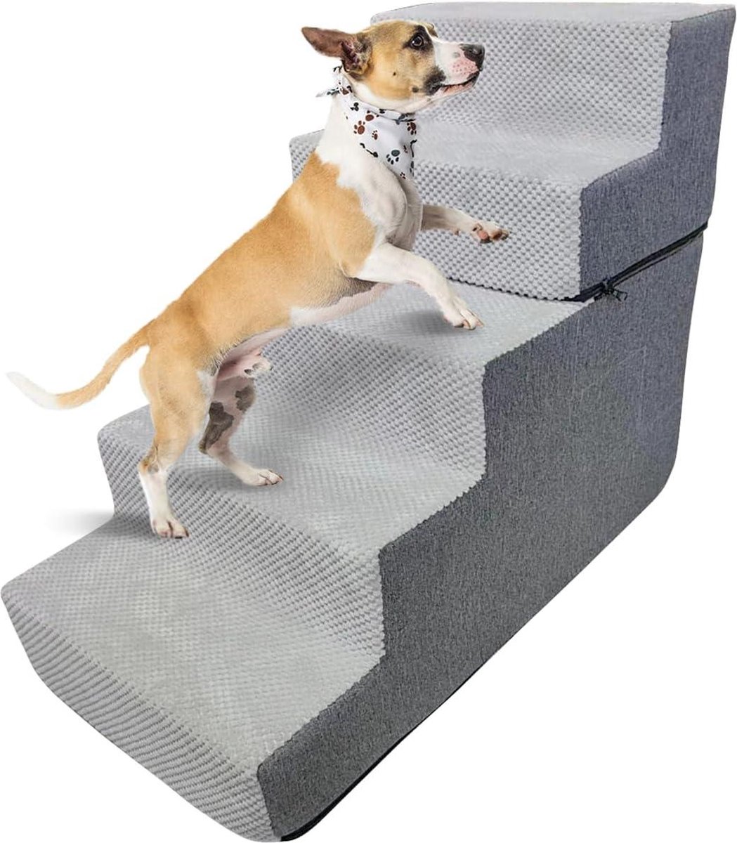 Hondentrap - Hondentrapje antislip huisdiertrap voor kleine honden en katten - gebalanceerde hondenoprit - hondentrap voor hoge bedden en bank - met afneembare wasbare hoes (5 stappen)