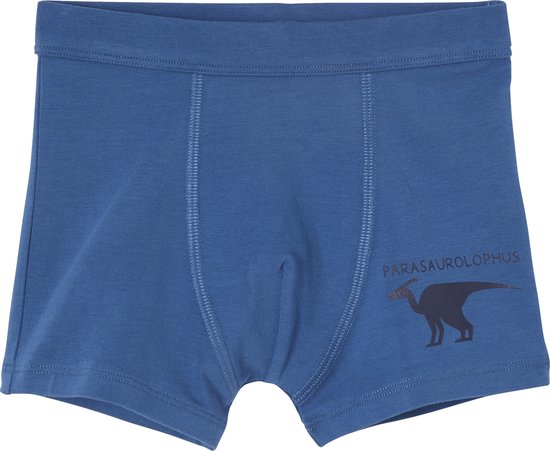 Donkerblauwe boxer met een bruine Parasaurolophus-print rechts.