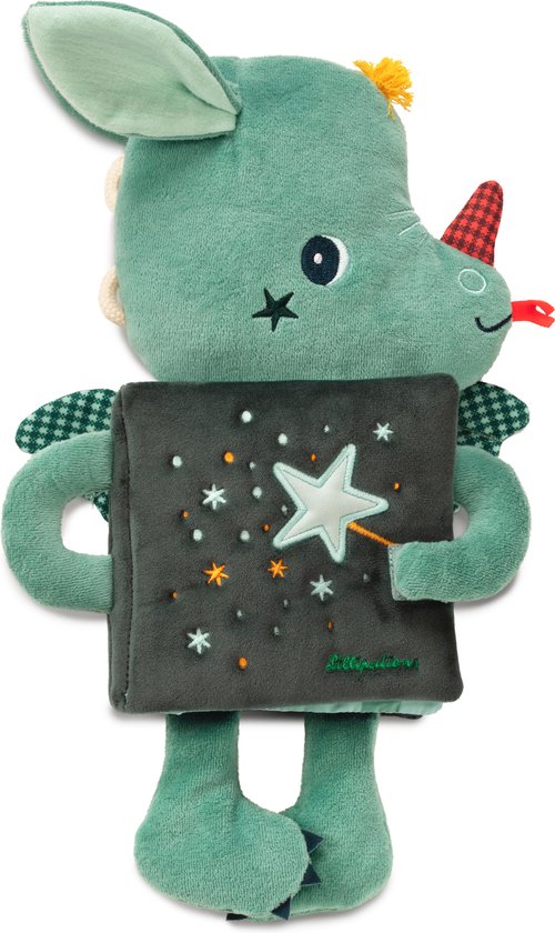 Groen draakje knuffelboek met sterren en een oplichtende toverstaf, ook in het donker.