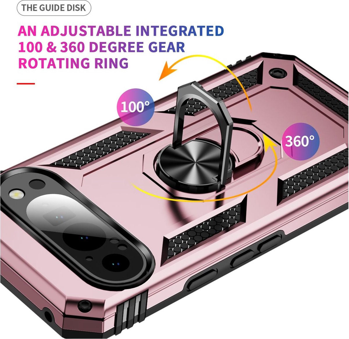 Mobigear Hoesje geschikt voor Google Pixel 9 Telefoonhoesje Hardcase | Mobigear Armor Ring Backcover Shockproof met Ringhouder | Schokbestendig Pixel 9 Telefoonhoesje | Anti Shock Proof - Roségoud