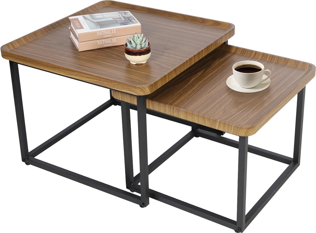 Goodivery ® Woonkamertafel hout set van 2, salontafel stabiel bruin zettafel voor de woonkamer klein 50 × 50 cm / groot 60×60cm