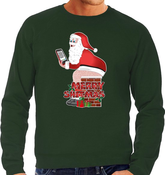 Bellatio Decorations Foute Kersttrui/sweater voor heren - All I Want is - groen - blote kont - kerstman XL