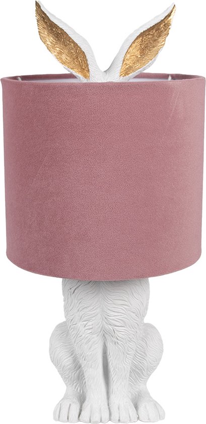 Lampe de table lapin blanc avec abat-jour rose, oreilles de lapin dorées.
