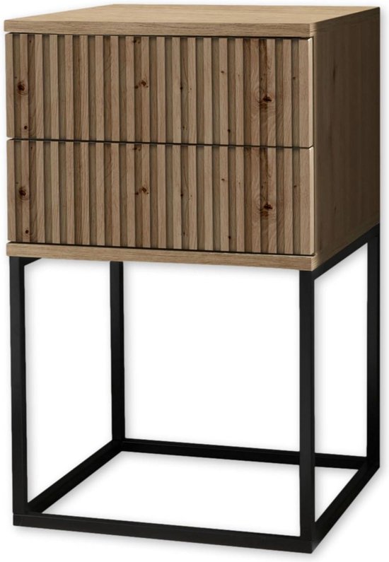 nachtkastje-met-laden-in-artisan-eiken-look-en-zwart-metalen-frame