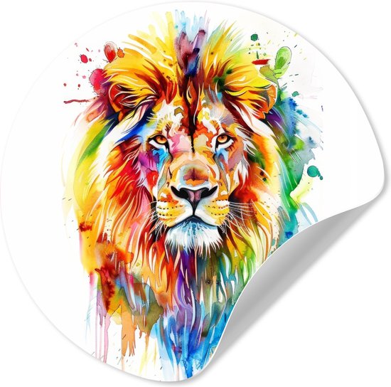 WallCircle® - Behangcirkel 120x120 cm - Muurstickers Leeuw - Verf - Kleurrijk - Wit - Dier - Muurcirkel tienerkamer - Slaapkamer decoratie - Tiener kamer accessoires - Wandcirkel jeugdkamer