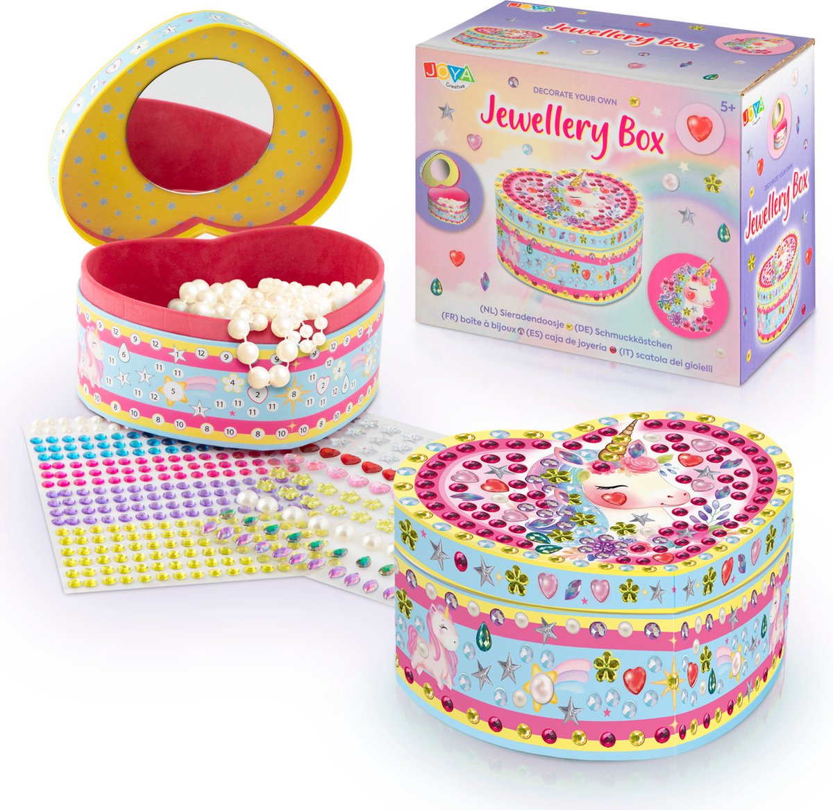 Sieradenkistje Meisje Unicorn - Knutselen Meisjes - Personaliseer je Eigen Sieradenkistje - Inclusief Glitterstickers - Creatief Knutselpakket voor Meisjes - Cadeautip - Joya Creative