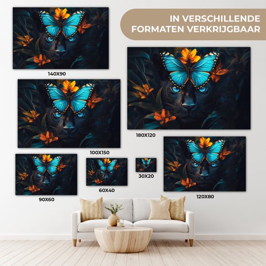 Peinture sur toile 120x80 cm - Décoration murale Panthère - Papillon - Blauw - Fleurs - Nature - Décoration murale murale salon - Décoration chambre - Accessoires de chambre - Peintures