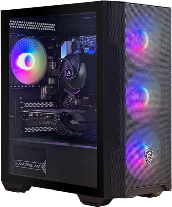 Zwarte gaming PC met glazen zijpaneel, verlichte ventilatoren met RGB-verlichting en een Gigabyte grafische kaart.
