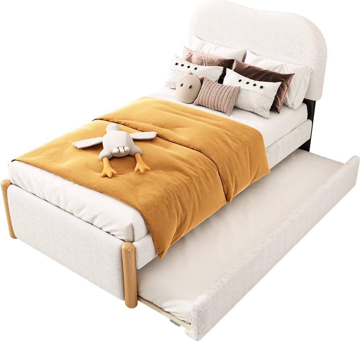 Merax Kinderbed 90x200 cm – Gestoffeerd Bed met Uitschuifbaar Logeerbed – Wit