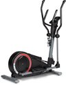 Zwarte crosstrainer met een groot rond vliegwiel met rode accenten en een console.