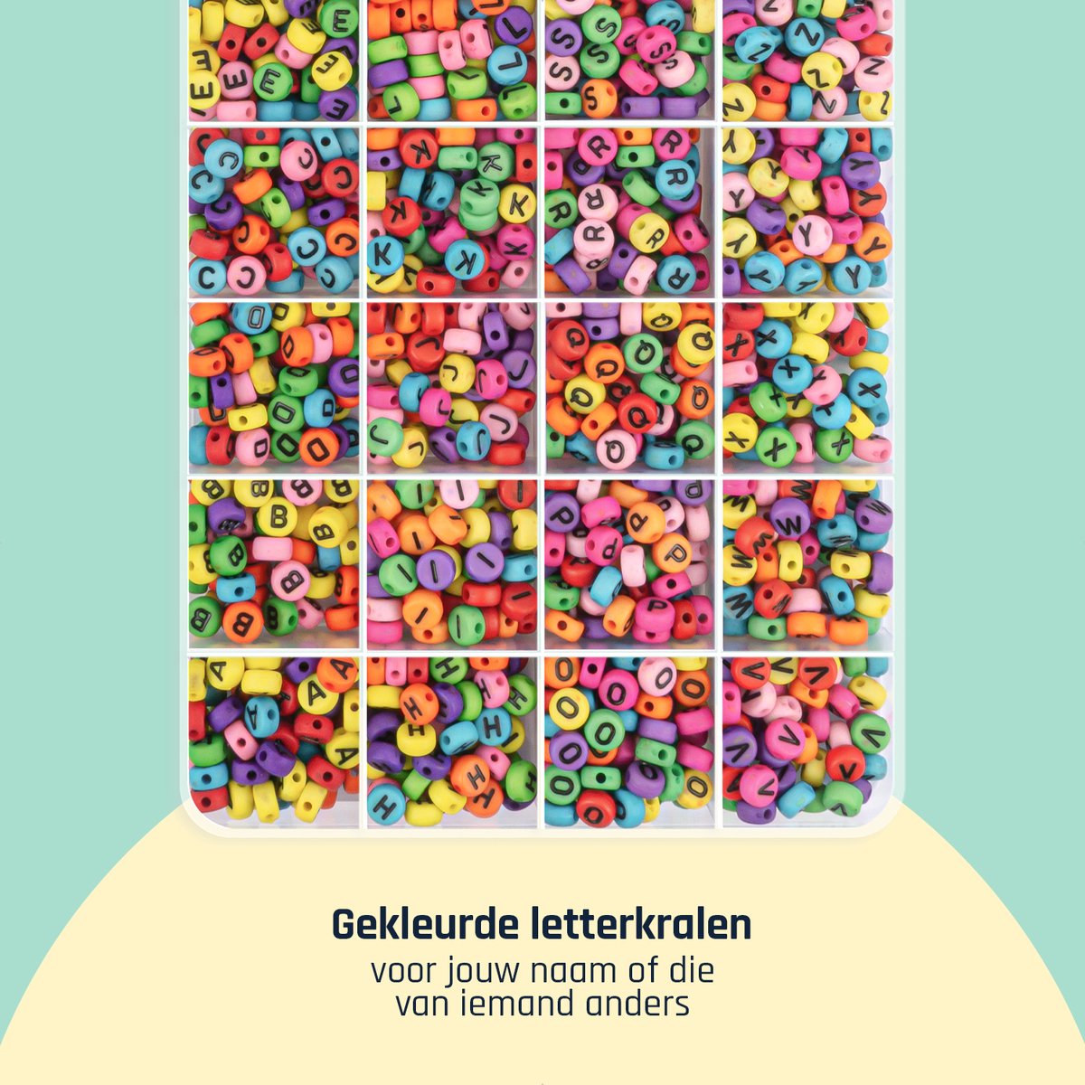 Letterkralen voor Sieraden maken - Alfabet kralen voor ketting/armband/telefoonkoord etc. - Acryl – Zwarte letter op gekleurde achtergrond - 7 mm - 1400 stuks gesorteerd — afbeelding 3