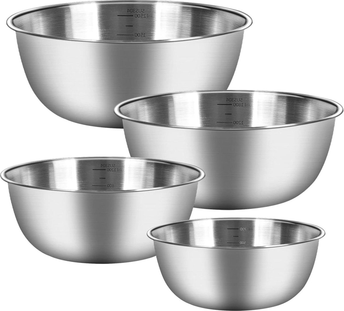 Set van 4 Roestvrij Stalen Slakommen - 07 l -12 l - 18 l - 25 l - Vaatwasmachinebestendig - Stapelbaar Kommenset