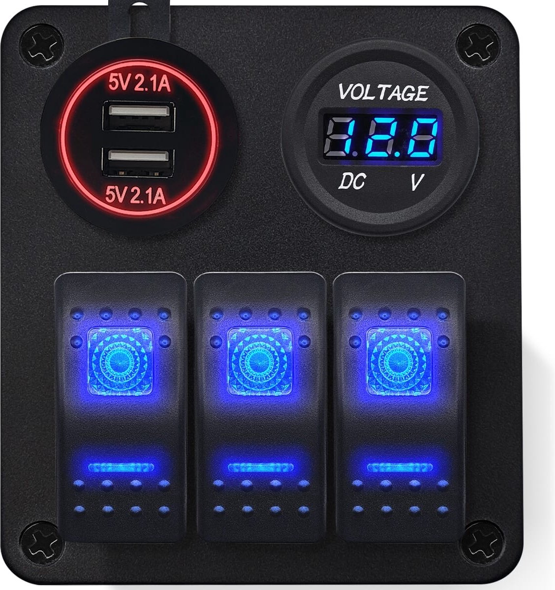 ProRide Schakelpaneel 12V voor Auto/Boot - USB C Lader 3 poorten met Voltmeter - QC3.0 - 3 Schakelaars