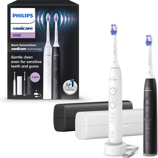 Philips Sonicare 6500 Series - Elektrische Tandenborstel - Zwart & Wit - Duopack - Reisetui - Gevoelige tanden - HX7419/01