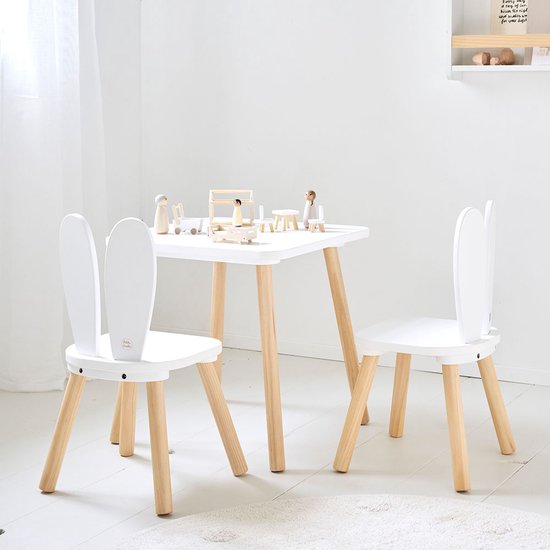 Foto: Activiteiten tafel konijn met 2 kinderstoeljes speeltafel wit en naturel eethoek set met konijnenoren veilig door poten van massief hout een magische hoek voor kleine konijntjes