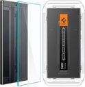Een screenprotector en installatieframe naast een zwarte Samsung.