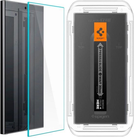 Een screenprotector en installatieframe naast een zwarte Samsung.