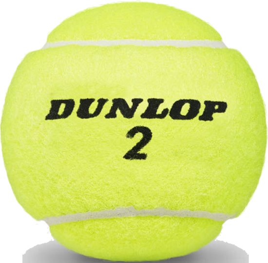 Een gele Dunlop tennisbal met zwart logo en nummer '2'.