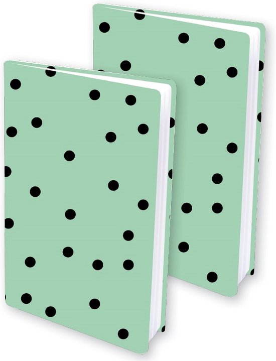 Twee mintgroene boekenkaften met zwarte stippen. De kaften hebben een harde kaft.