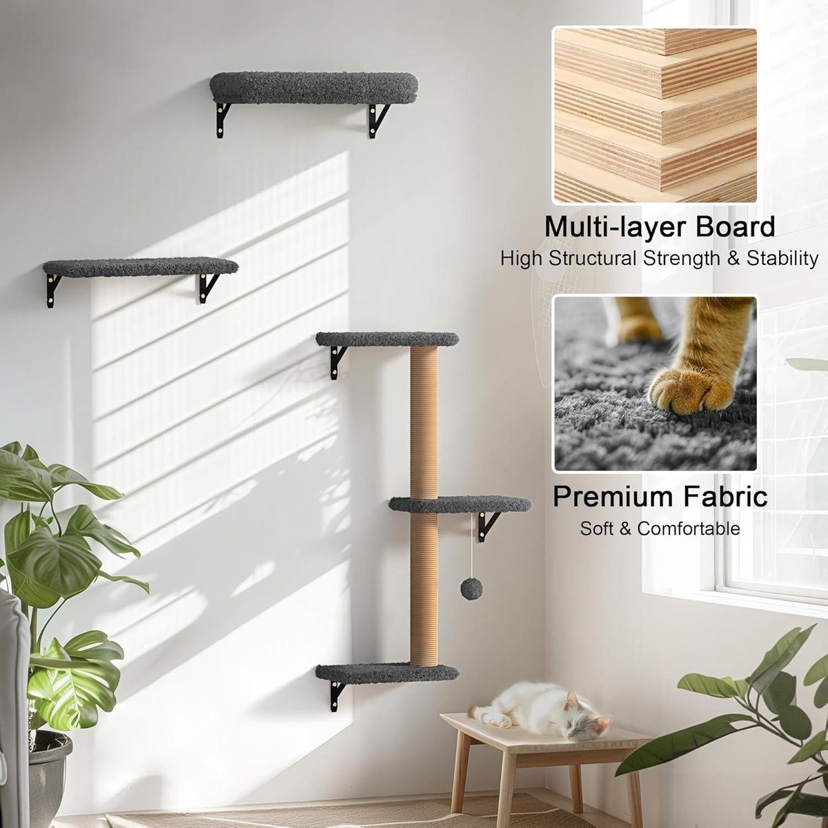 FUKUMARU Klimwand Kattenset, 4 Delige Wandplanken, Van Sterke Meerlaagse Platen Wandpark Met Kattenhuis Kattenbrug Kattenboom Kattentrap Tot 18 Kg Grijs 1063957863