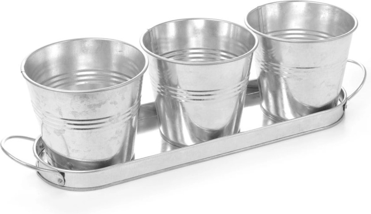 HENDI Rustieke presentatie-emmers met dienblad – gegalvaniseerd staal – set van 3 – 415x130x125 mm
