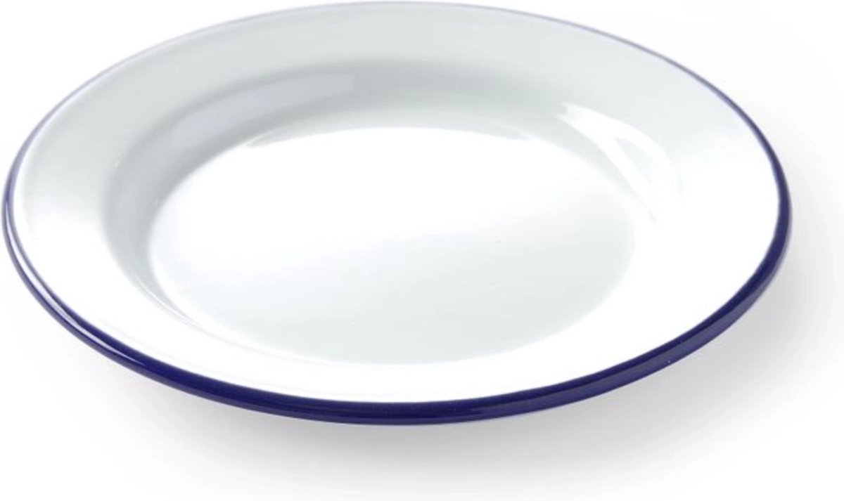 HENDI Plat bord – staal geëmailleerd – blauwe rand – Ø 240 mm – vaatwasmachinebestendig