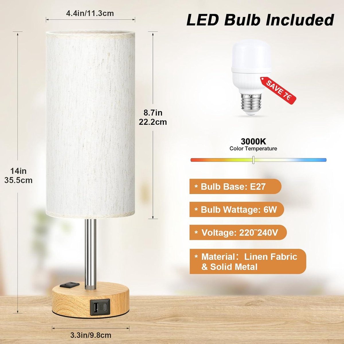 Lampe De Chevet Tactile 3 Intensités Avec Chargeurs USB-C Et USB-A – Abat-jour En Lin, Ampoule LED Incluse