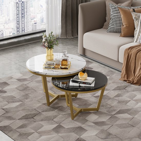 Table basse Gutent, ensemble de 2, cadre en métal doré, table basse élégante avec patchwork, table d'appoint veinée en marbre