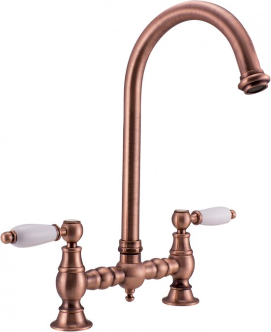 PB Nostalgic Bridge robinet de cuisine cuivre bec rond avec poignées blanches cuivre