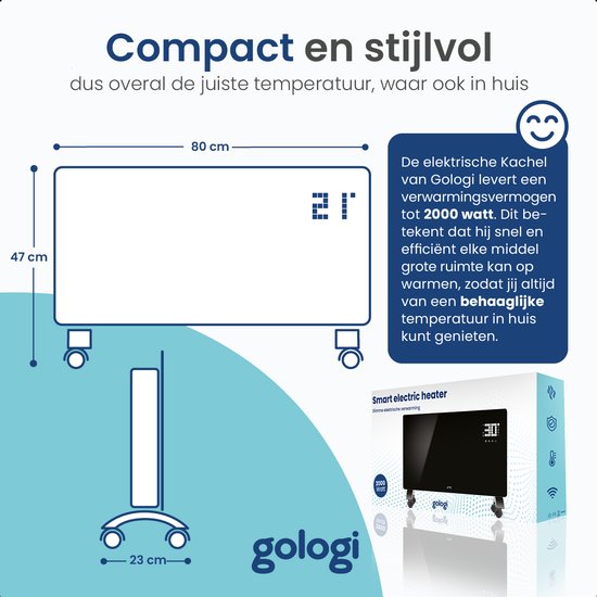 Gologi Elektrische Kachel - Verwarming elektrisch - Convectorkachel met thermostaat - Werkt via App en touch bediening - Tot 25m2 - 2000 watt - Zwart