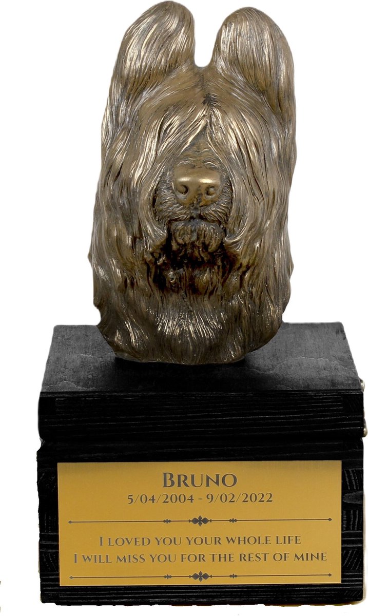 Briard urn met hondensculptuur en gravure, handgemaakt kunstwerk