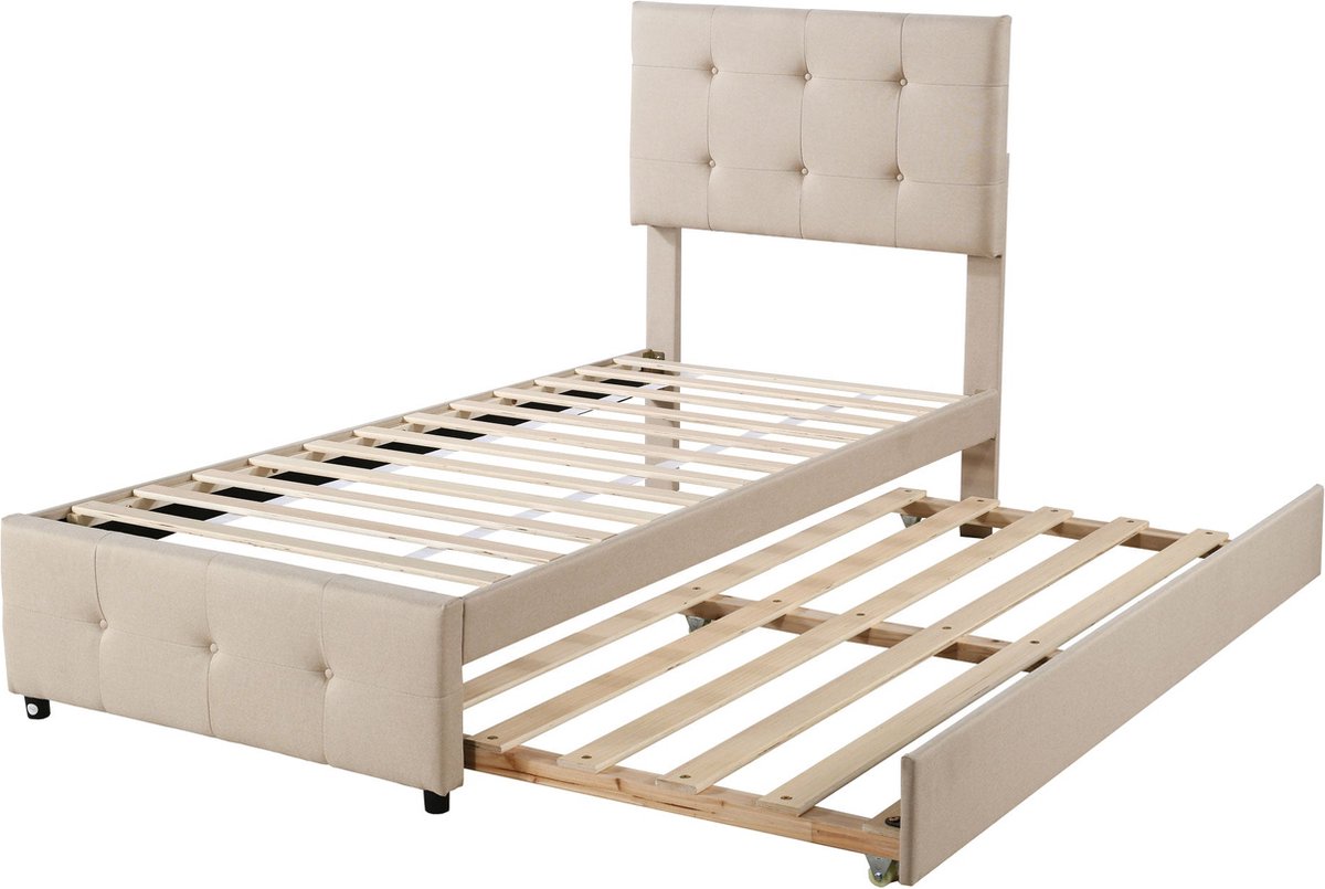 Merax 90x200 cm Kinderbed met Uittrekbaar Bed en Verstelbaar Hoofdeinde - Beige - Gestoffeerd Eenpersoonsbed met USB Oplaadfunctie